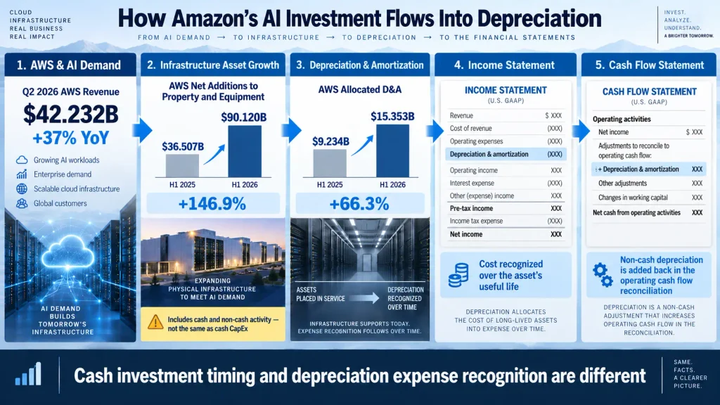 Amazon CapEx analysis showing AWS asset additions and depreciation growth during the first half of 2026