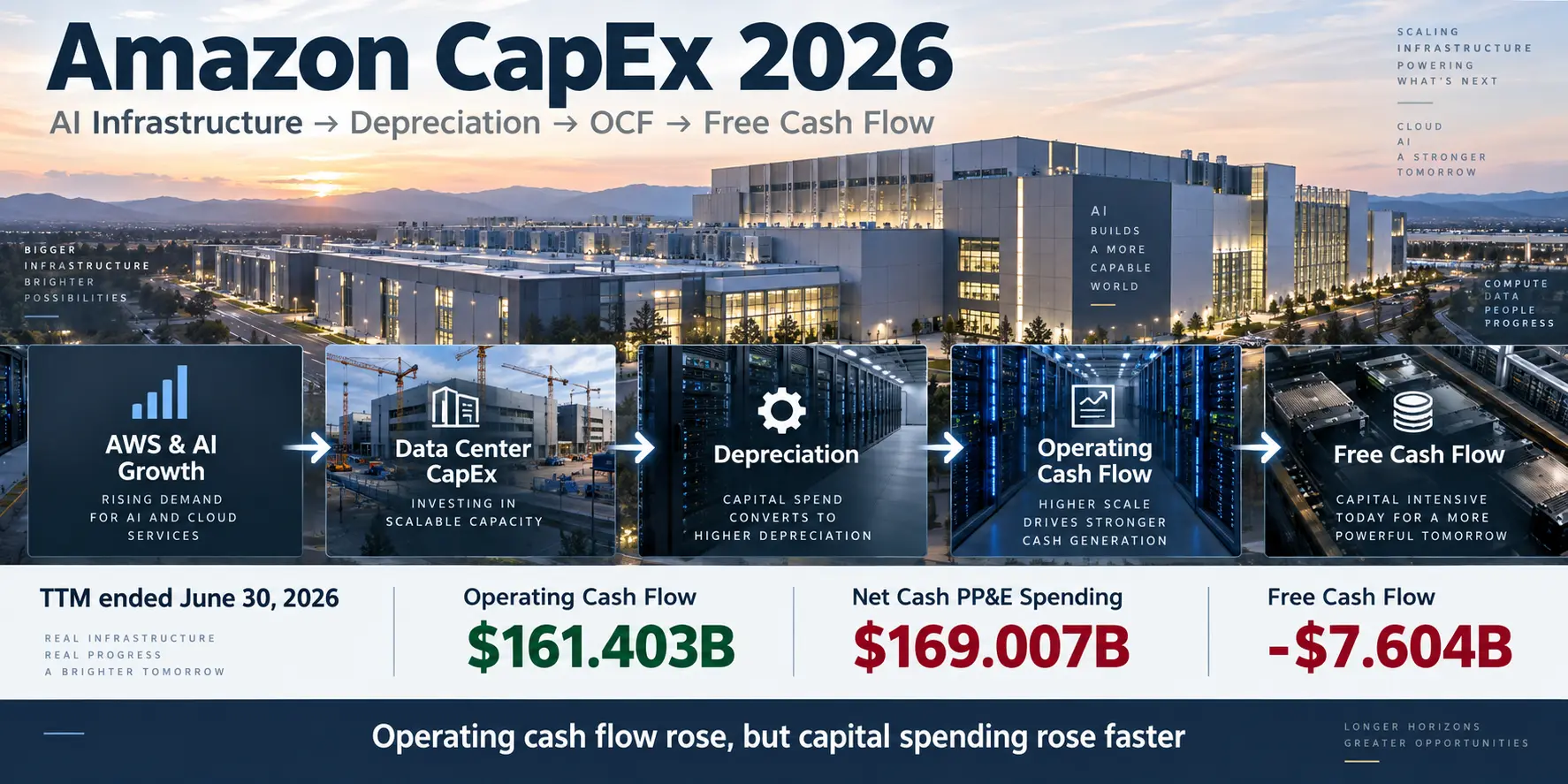Amazon CapEx analysis showing the path from AWS and AI investment to depreciation, operating cash flow, and free cash flow