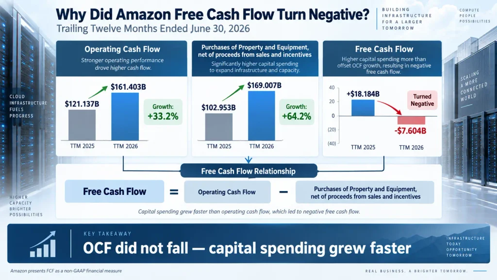 Amazon operating cash flow, net property and equipment spending, and free cash flow comparison for the twelve months ended June 2026