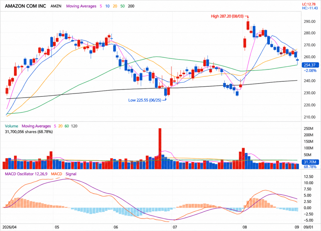 Daily candlestick breakdown chart highlighting the 20-day moving average and support levels for Amazon stock drop analysis