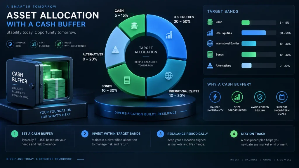 Dark-mode 3D vector financial infographic illustrating an asset allocation cash buffer setup, target bands, modern minimalist style, blue and green color palette, clean data visualization, 16:9 ratio.