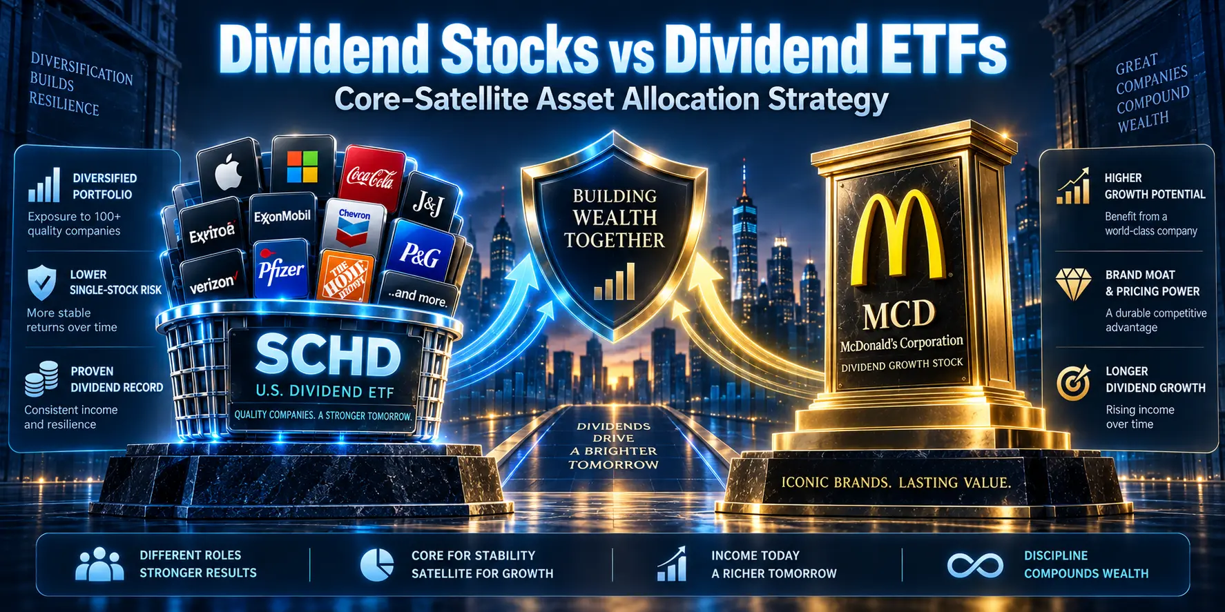 Dividend Stocks vs Dividend ETFs core-satellite portfolio allocation comparison banner