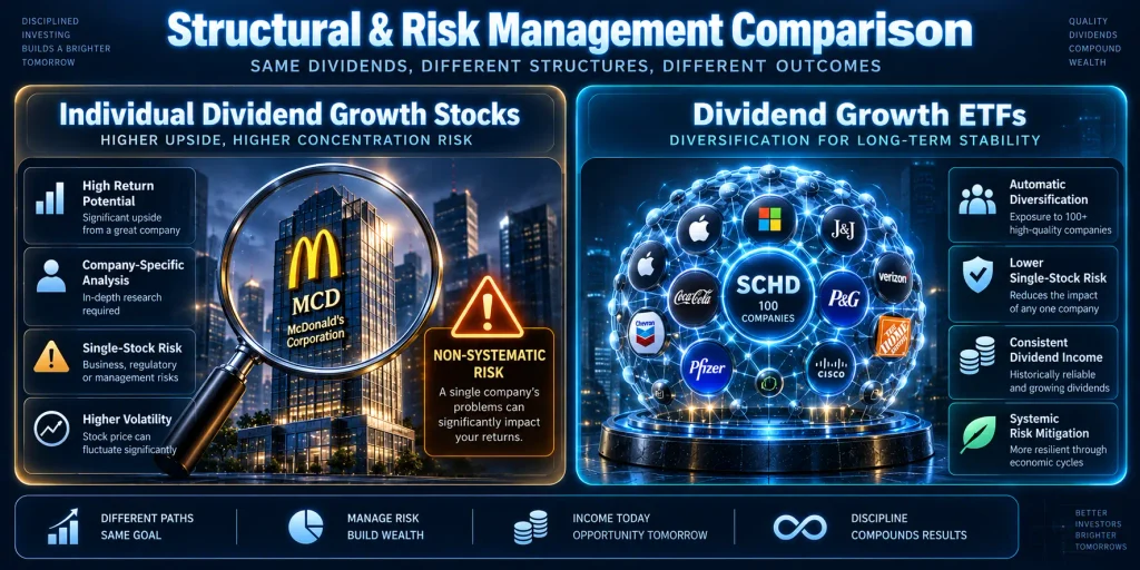 Dividend Stocks vs Dividend ETFs comparison of diversification, company risk and portfolio control