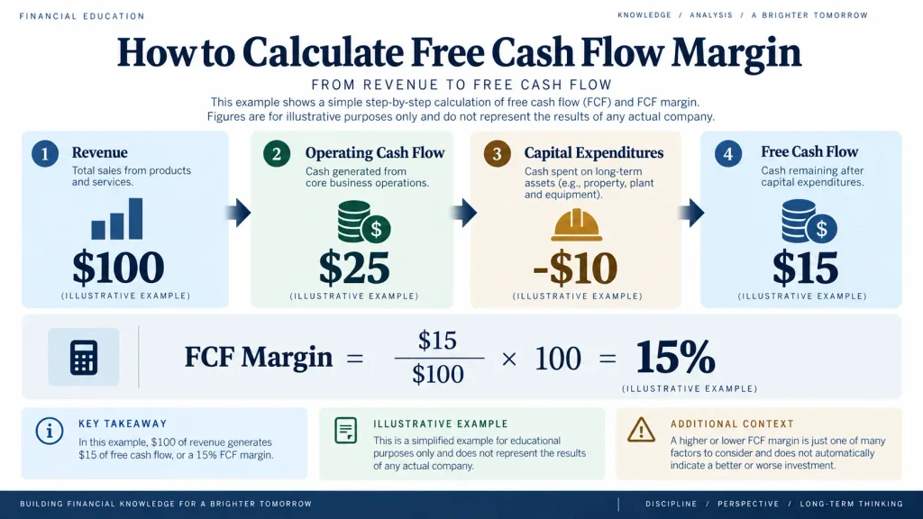 Free cash flow margin calculation using $100 revenue, $25 operating cash flow, $10 CapEx and $15 free cash flow