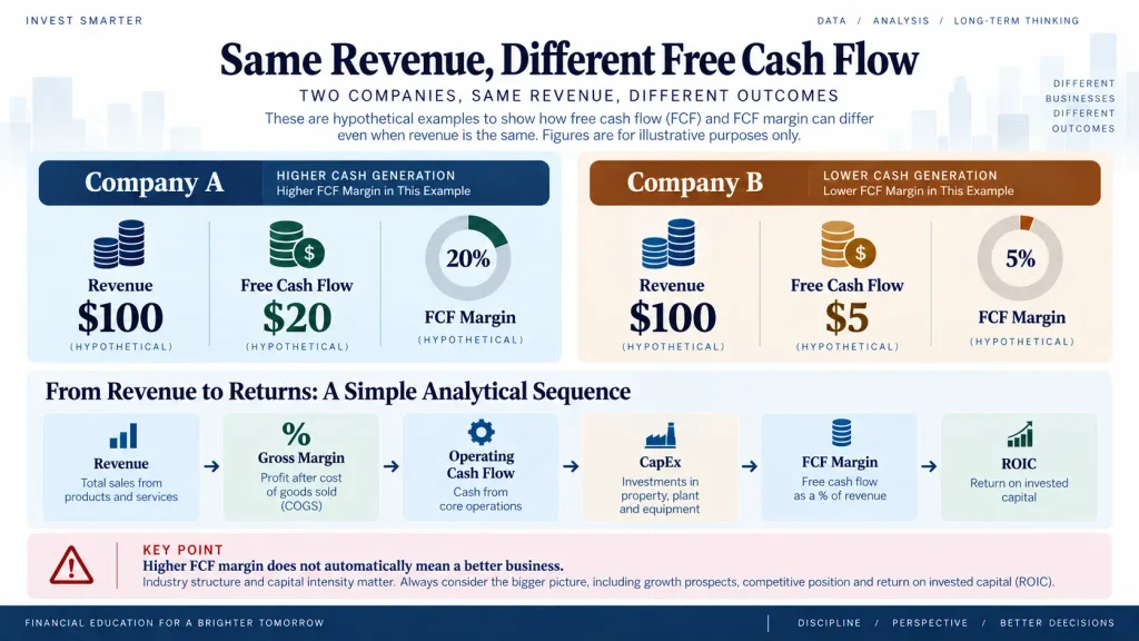 Comparison of two hypothetical companies with $100 revenue and free cash flow margins of 20% and 5%