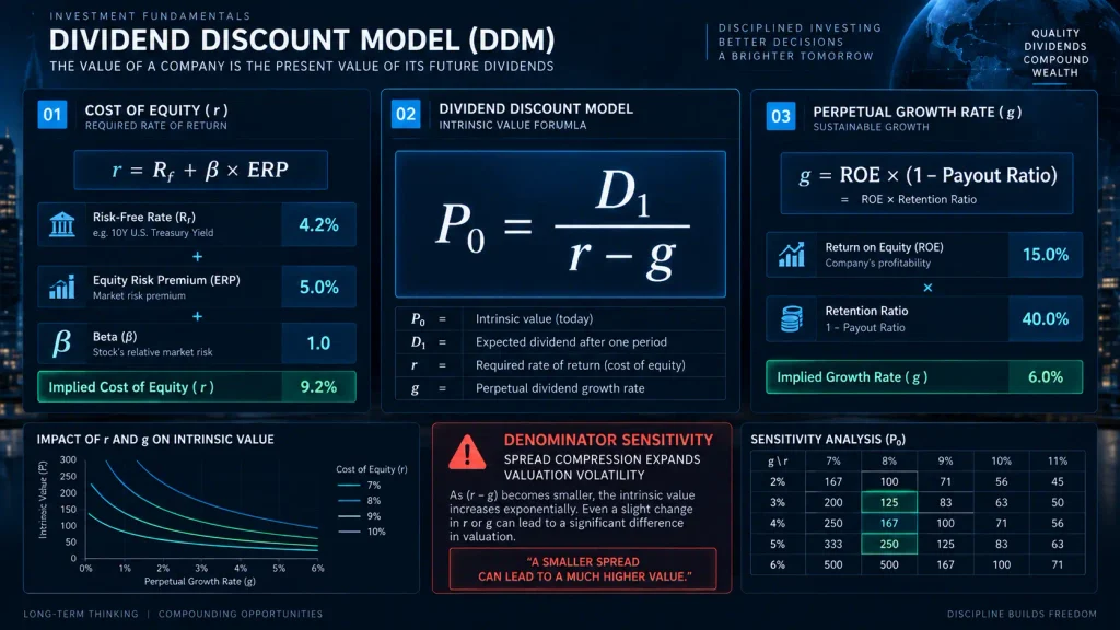 Gordon Growth Dividend Discount Model formula variables and cost of capital sensitivity diagram