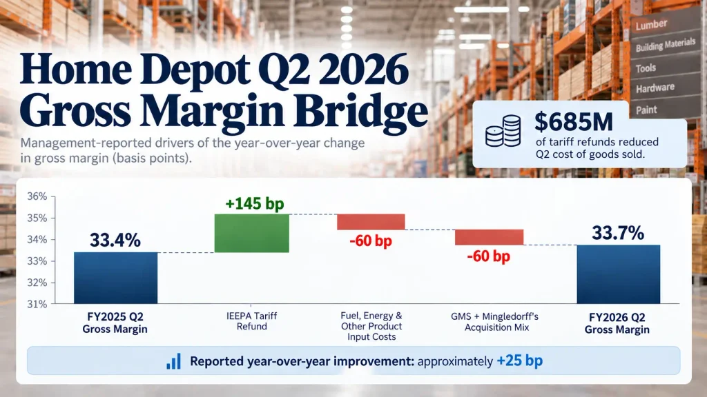 Home Depot Q2 2026 gross margin bridge showing tariff refund, cost pressure and acquisition mix