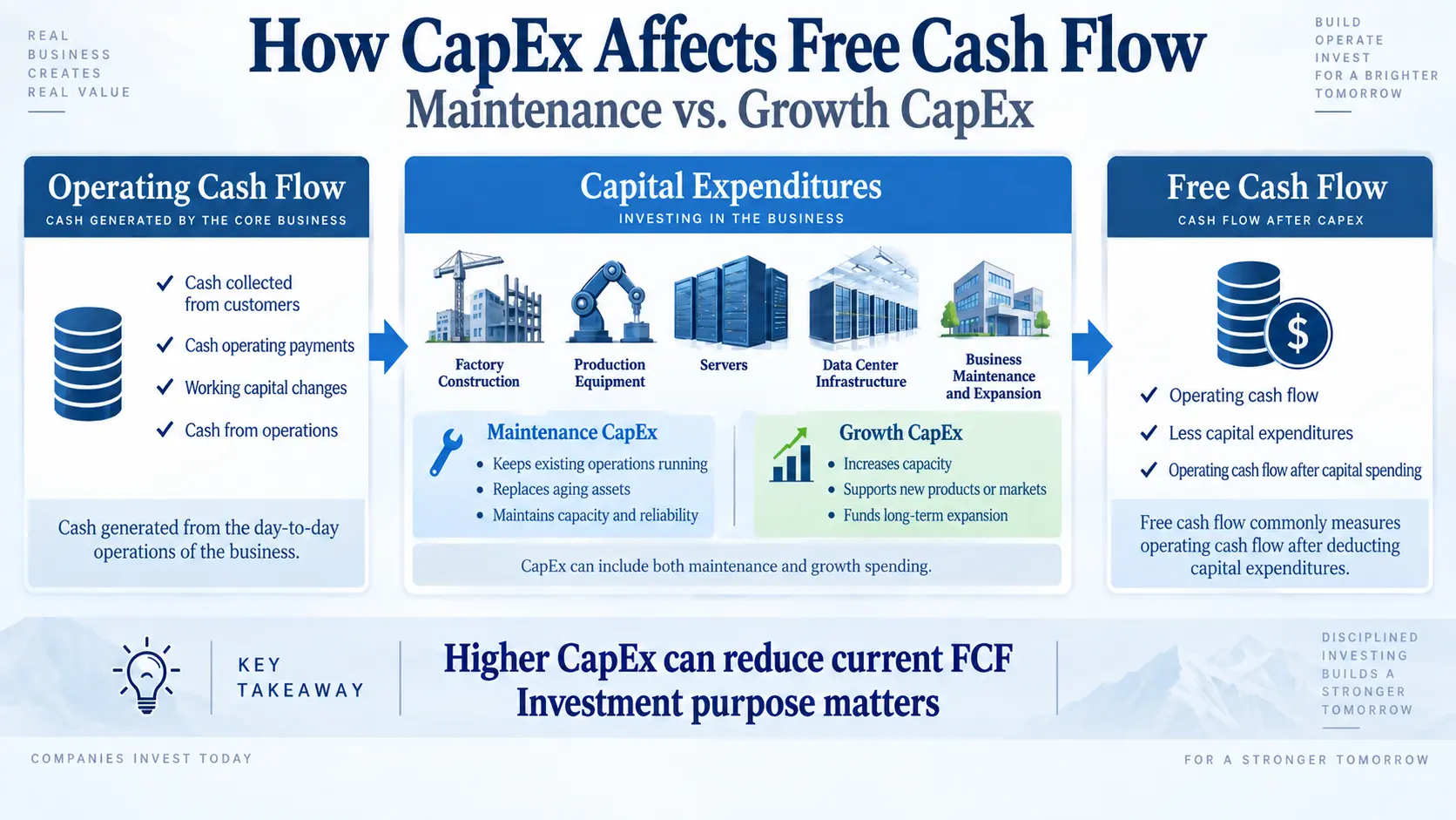 How CapEx affects free cash flow, including maintenance vs. growth CapEx