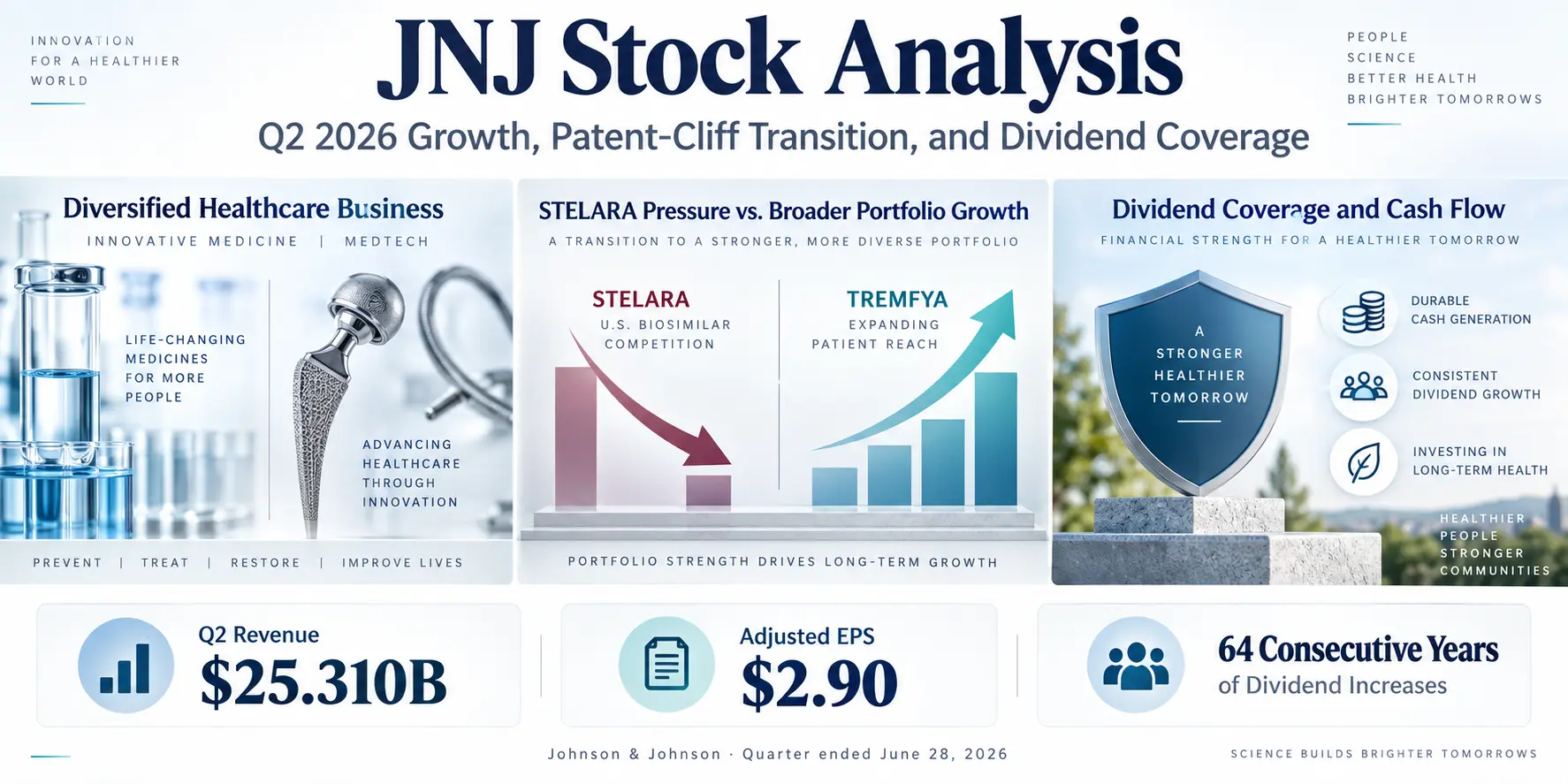JNJ stock analysis cover showing Q2 2026 business mix, patent cliff transition, and dividend coverage