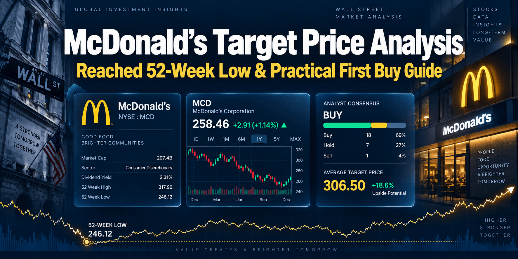 McDonald's price target analysis at 52-week low showing support levels and valuation metrics