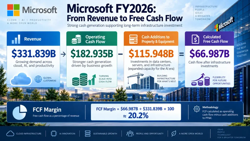 Microsoft free cash flow calculation from operating cash flow and capital spending in FY2026