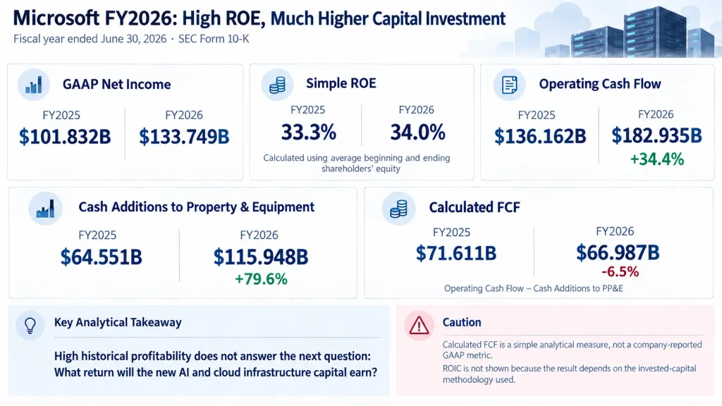 Microsoft FY2025 and FY2026 comparison of ROE, operating cash flow, property and equipment additions, and calculated free cash flow