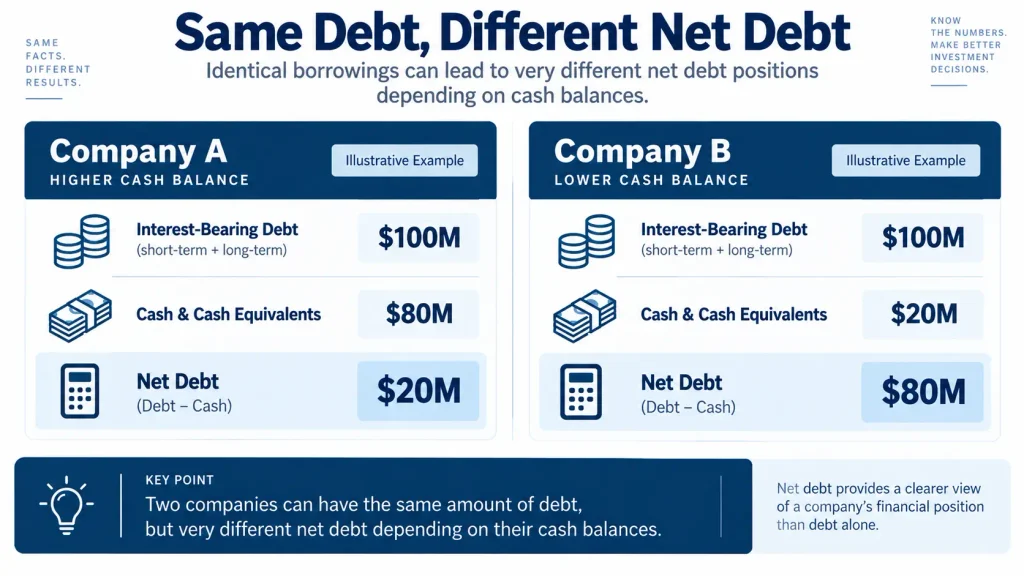 Net debt comparison between two companies with the same debt but different cash balances