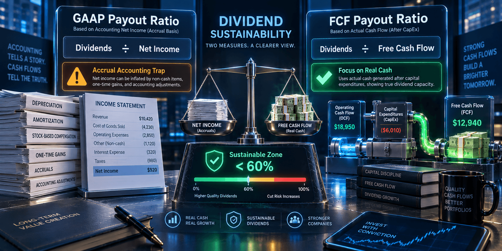 Dividend Payout Ratio Guide schematic comparing GAAP payout ratio and free cash flow payout formula