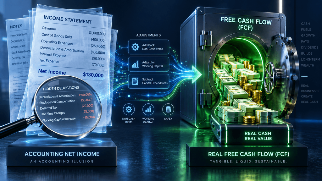 Free Cash Flow Guide schematic illustrating the divergence between net income and free cash flow