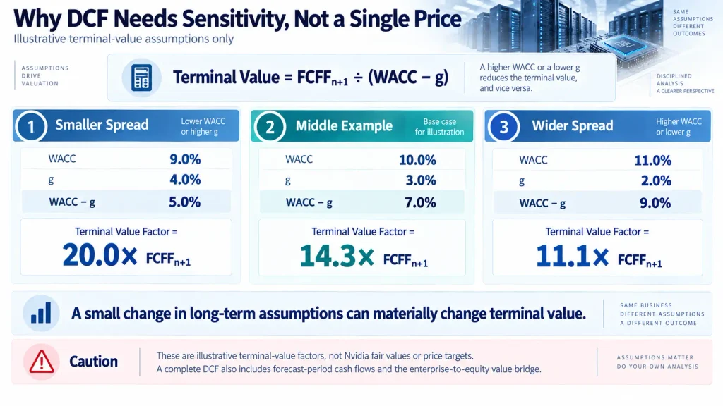 Illustrative DCF terminal value sensitivity showing how WACC and perpetual growth assumptions change the terminal value factor