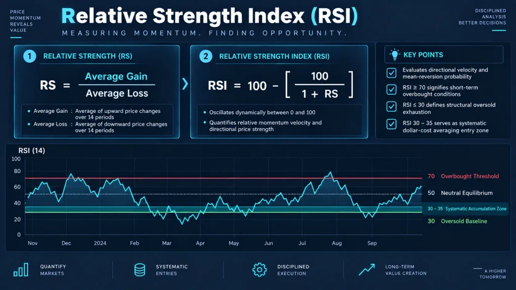 RSI formula illustration showing relative strength, the 14-period oscillator, and conventional momentum thresholds