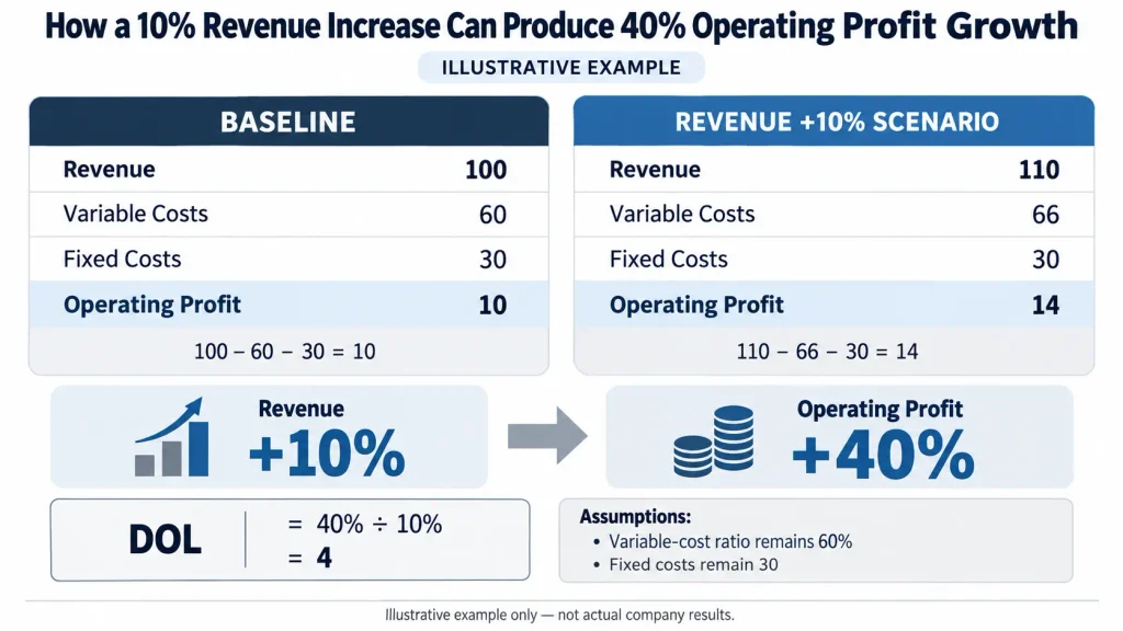 Illustrative operating leverage example with revenue rising from 100 to 110 and operating profit rising from 10 to 14