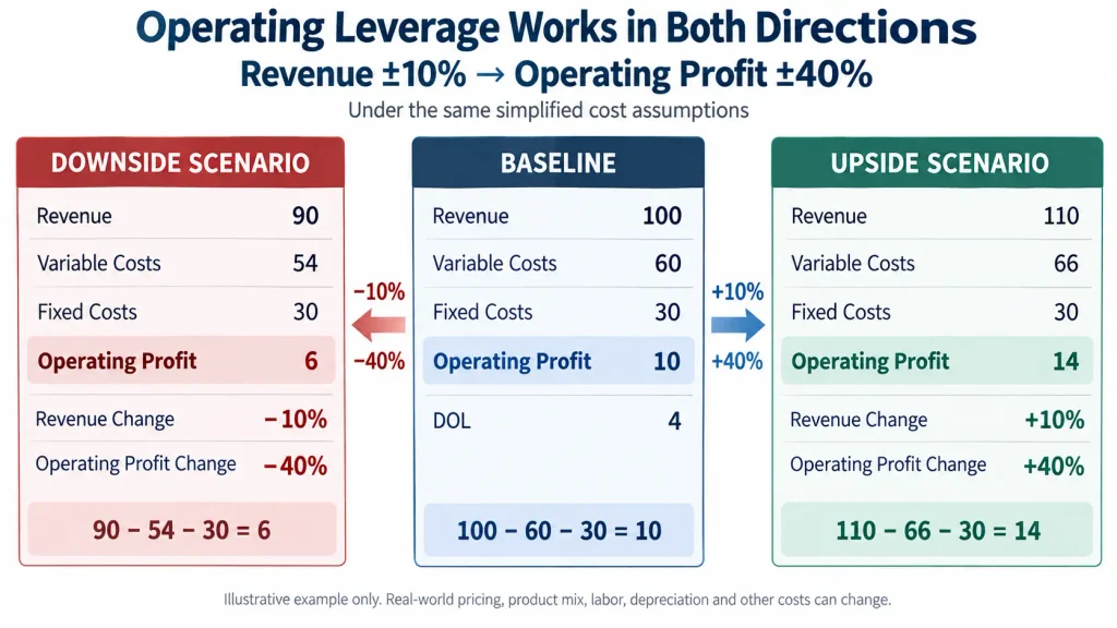 Operating leverage illustration showing larger operating profit changes when revenue rises or falls