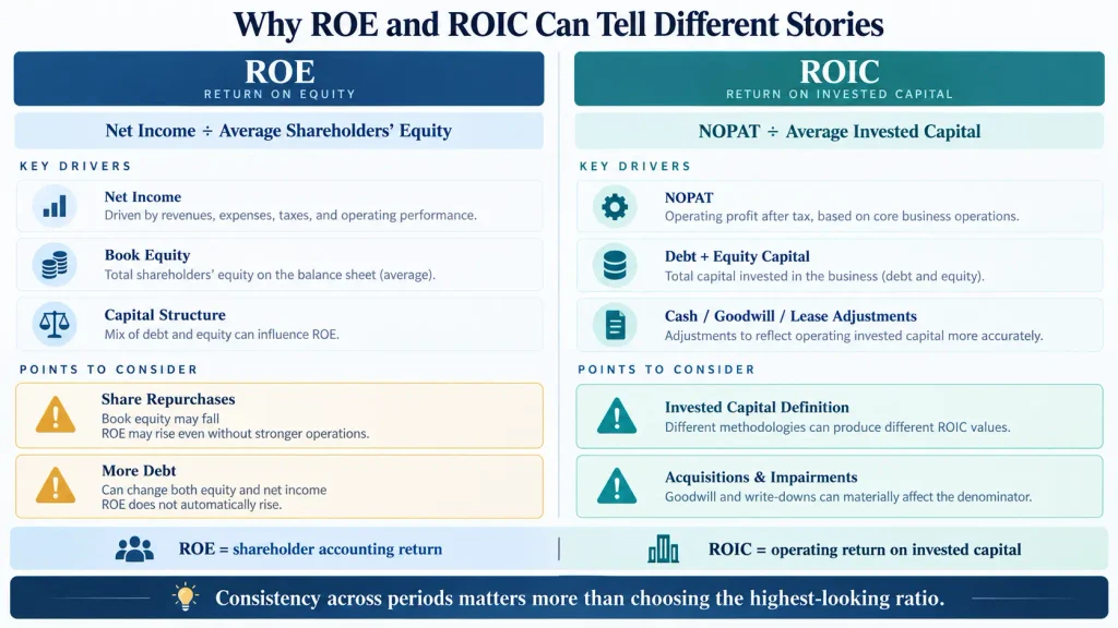ROE and ROIC comparison explaining how leverage, share repurchases, and invested capital definitions affect the two metrics