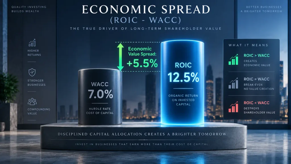 Illustrative ROIC of 12.5% compared with an estimated WACC of 7.0%, producing a positive economic spread of 5.5 percentage points