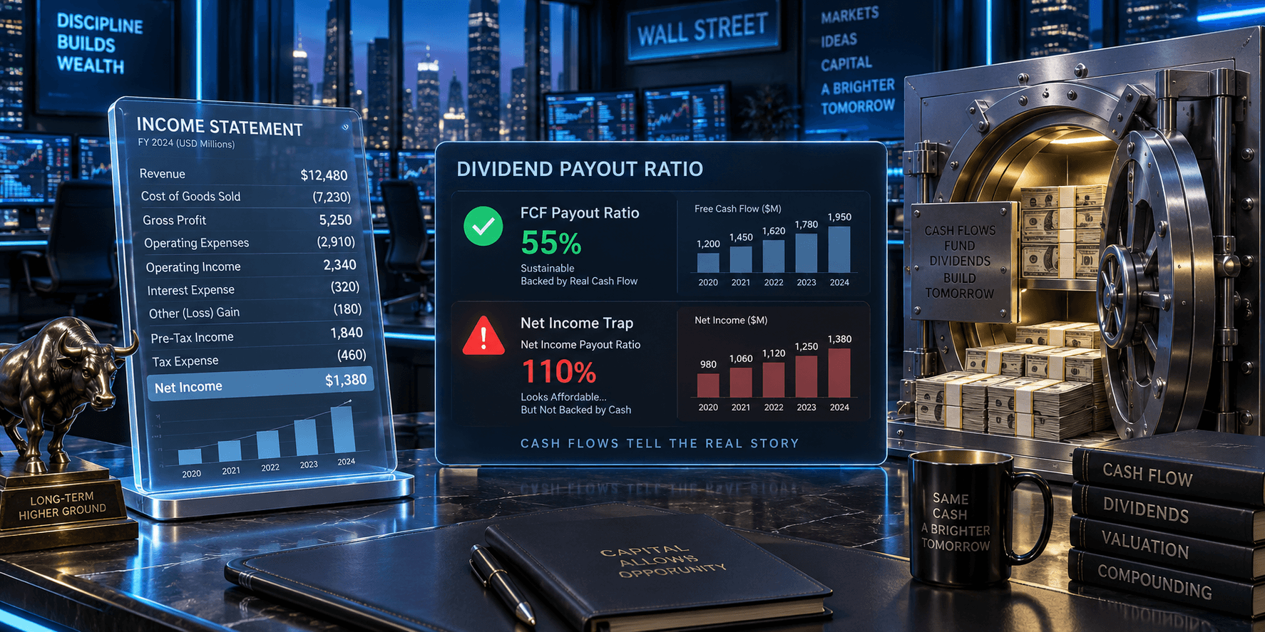 Dividend Payout Ratio Guide infographic highlighting cash flow stability and dividend safety metrics