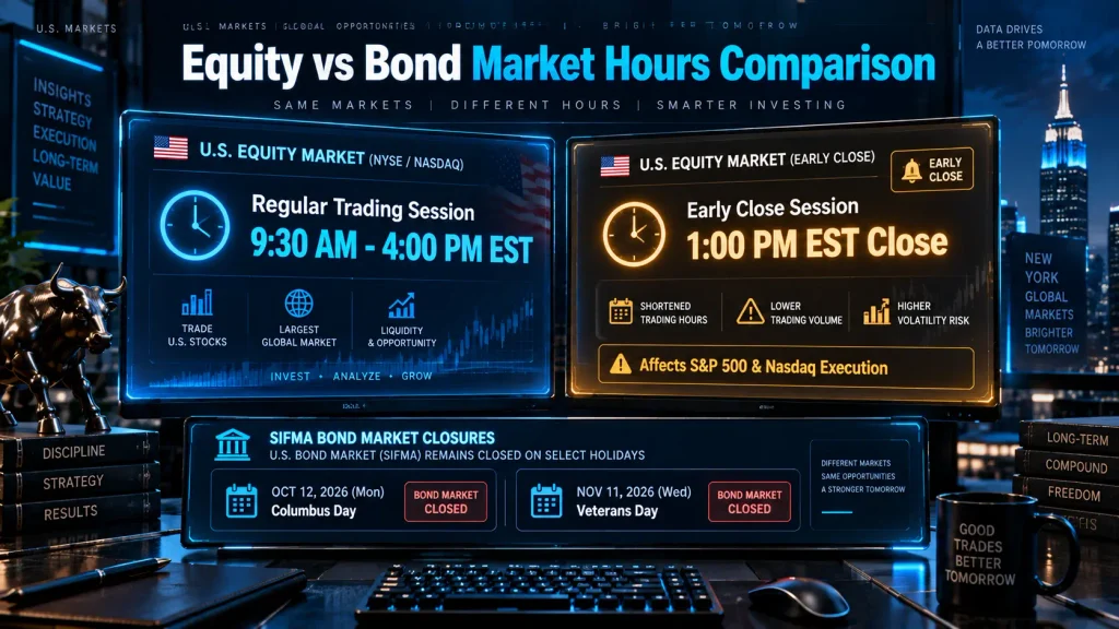US Stock Market Holidays 2026 trading session comparison showing regular hours versus early close mechanics