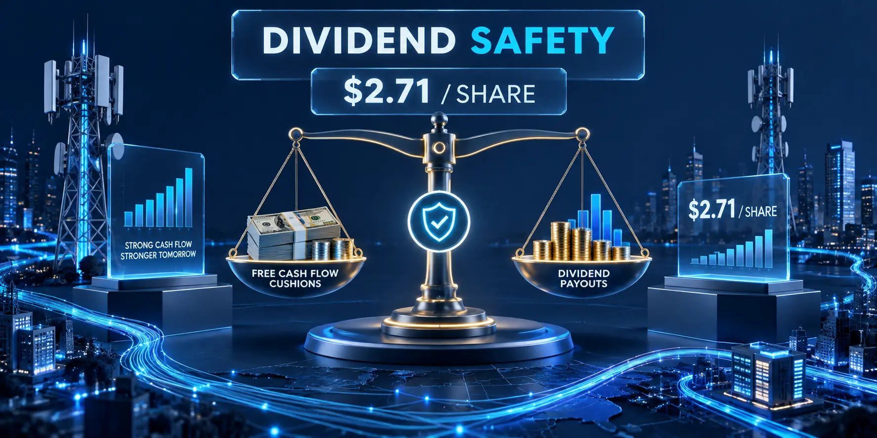 Verizon VZ dividend safety balance scale comparing free cash flow cushion against dividend distribution obligations