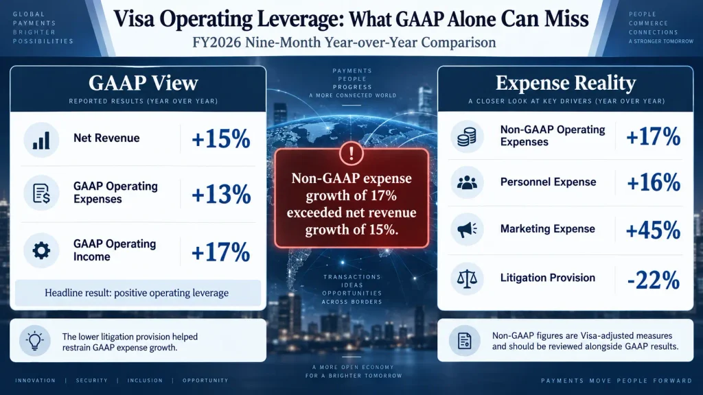 Visa FY2026 nine-month GAAP and non-GAAP operating expense growth with litigation, personnel, and marketing expense changes