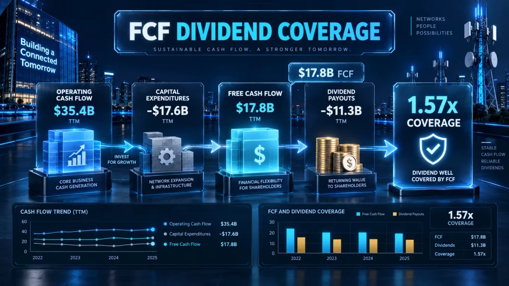 Verizon VZ dividend safety free cash flow waterfall chart demonstrating operating cash flow and CapEx coverage