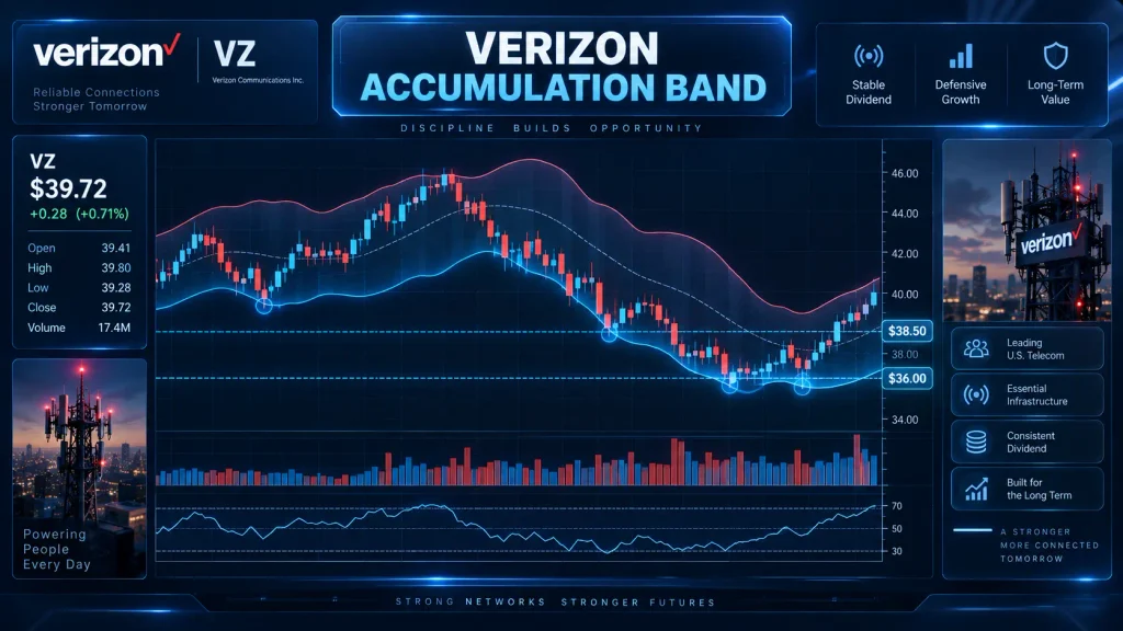 Verizon Bollinger Bands structural support shelves and staged capital accumulation levels