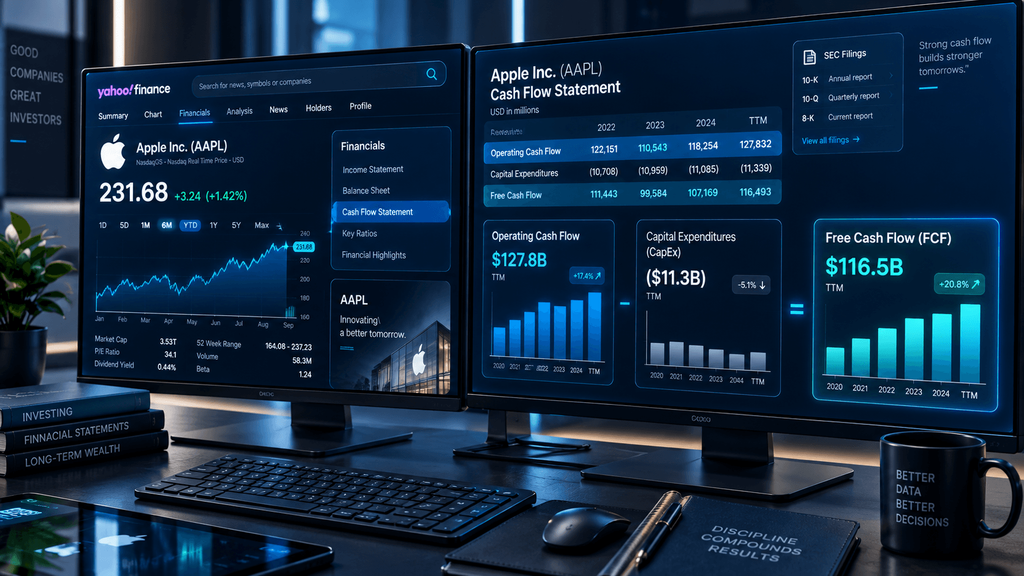 Free Cash Flow Guide digital interface showing cash flow statement metrics on financial terminals