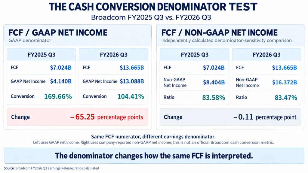 Broadcom cash conversion comparison using GAAP and non-GAAP net income for fiscal third quarters of 2025 and 2026