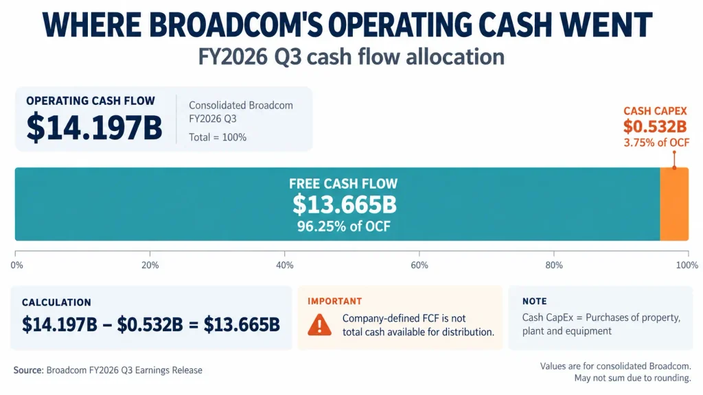 Broadcom fiscal 2026 third-quarter operating cash flow of $14.197 billion split into $13.665 billion of free cash flow and $532 million of cash capital expenditures
