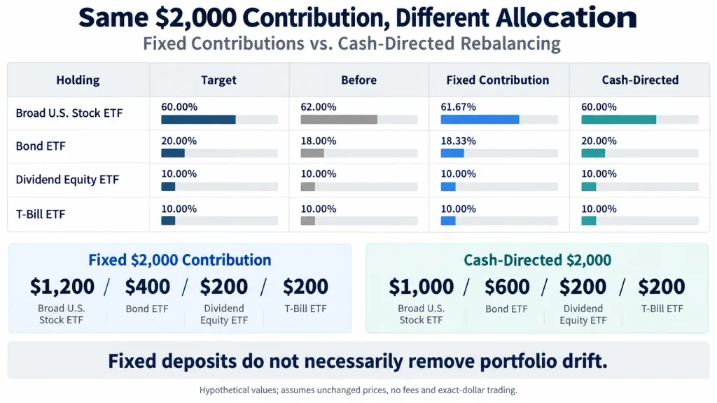 Comparison of fixed ETF contributions and cash-flow rebalancing for a $10,000 portfolio receiving $2,000