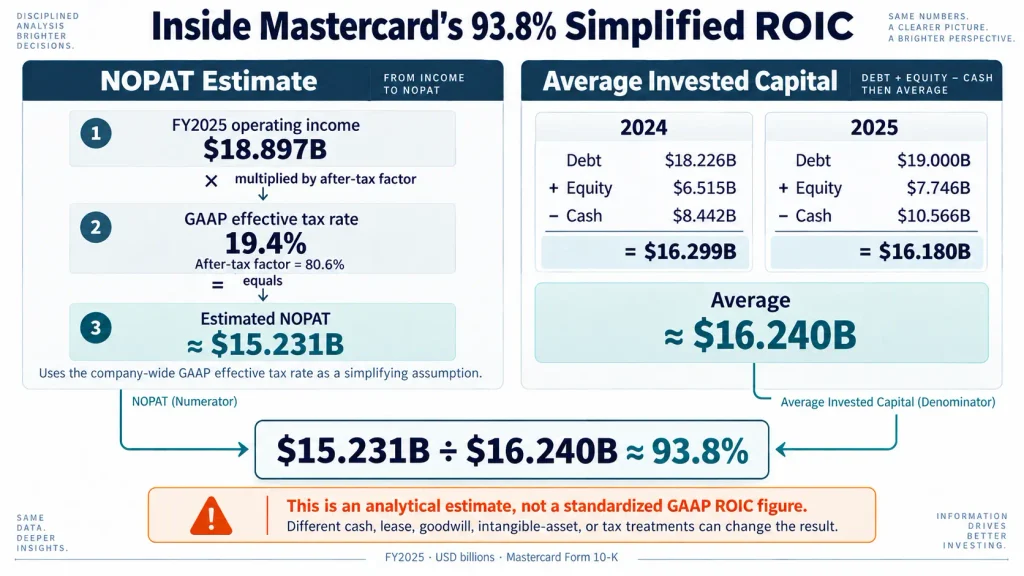Mastercard ROIC numerator and denominator breakdown using FY2025 financial data