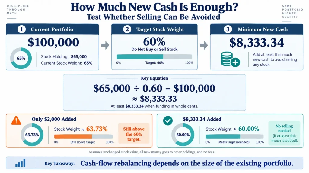Minimum new contribution required to reduce a 65 percent stock allocation to a 60 percent target without selling shares