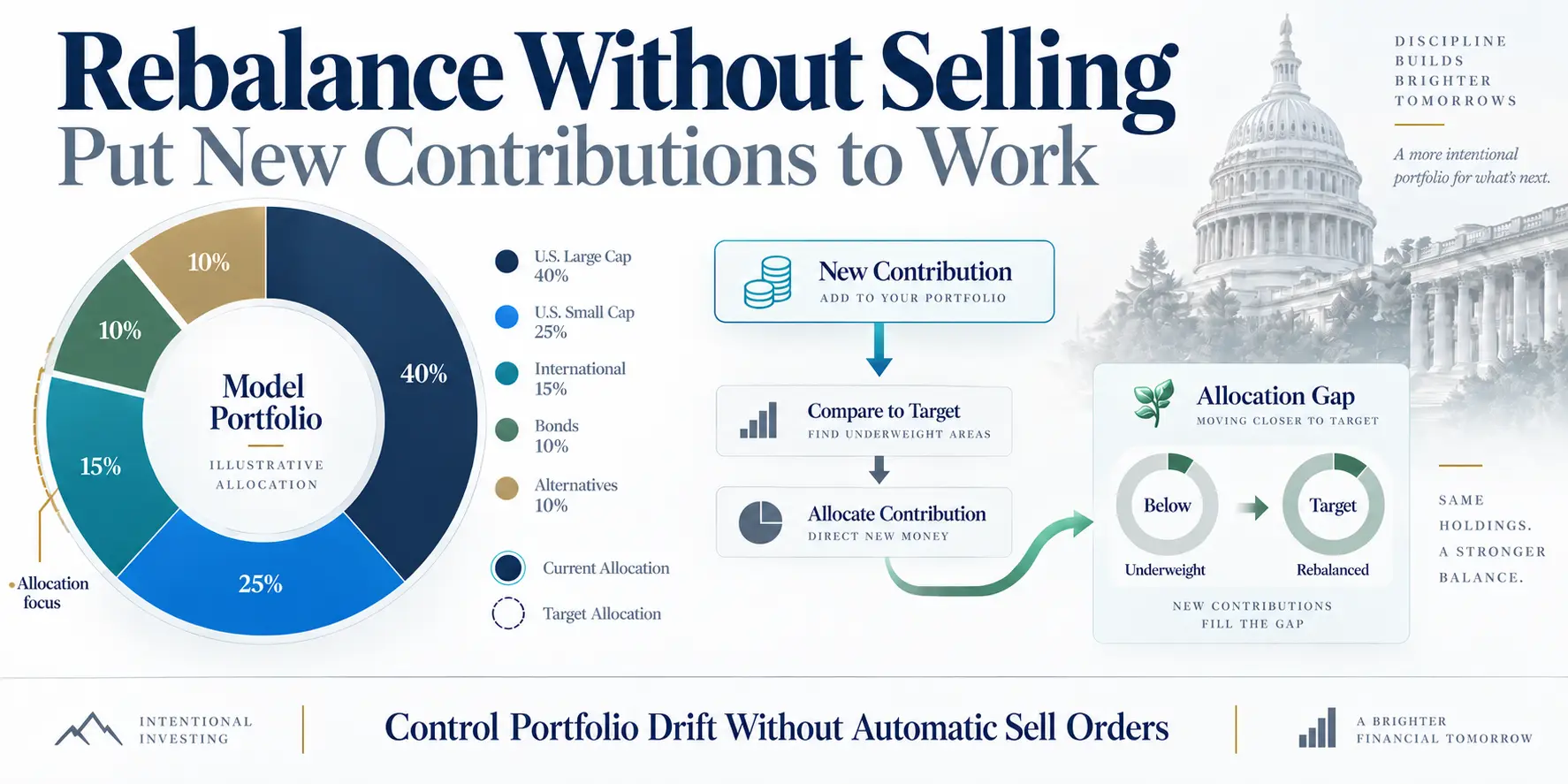 How to rebalance a portfolio without selling by directing new contributions toward underweight investments