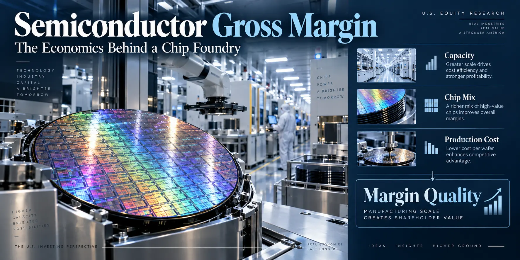Semiconductor gross margin analysis showing a silicon wafer fab, production economics, and TSMC profitability drivers